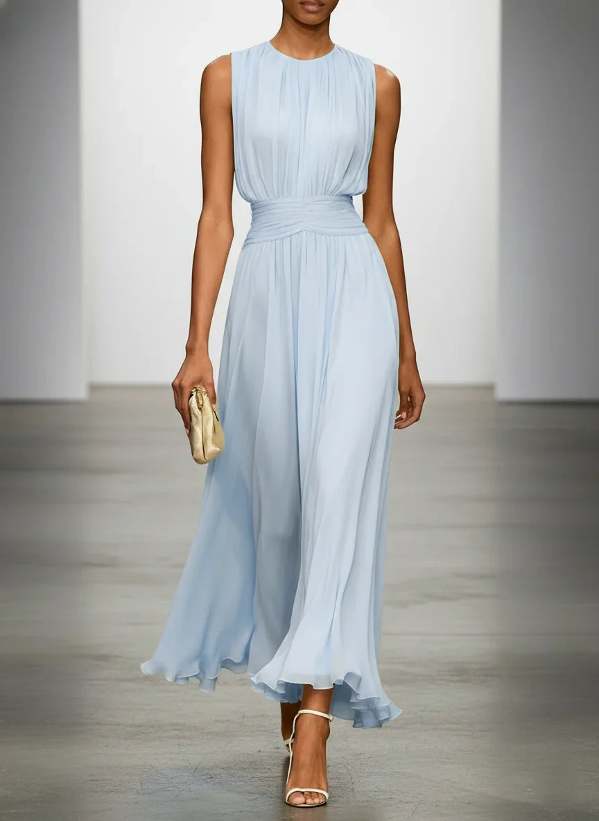 Women's Sleeveless Chiffon Maxi Dress with Ruched Waist and Flowing He – Iconiq Fashion