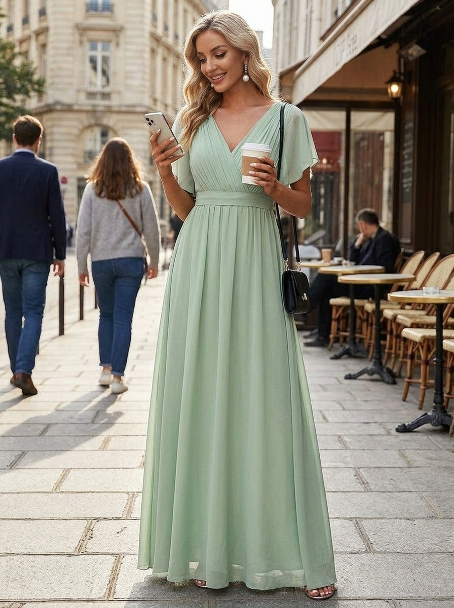 Women's Chiffon Maxi Dress with Flutter Sleeves for Elegant Occasions – Iconiq Fashion