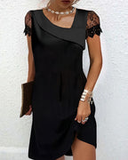 Women's Lace Sleeve Shift Dress with Asymmetric Overlay for Evening Wear