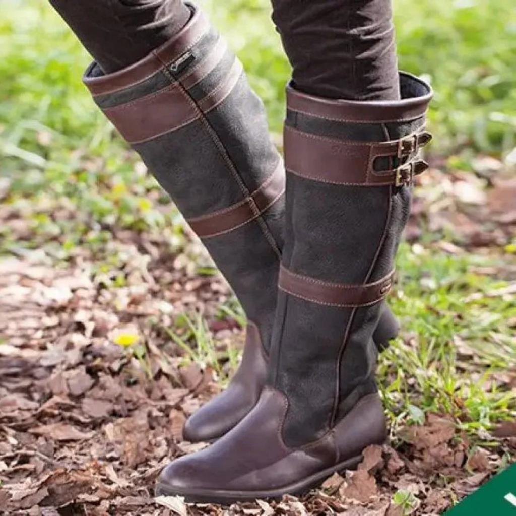 Bottes pour femmes à hauteur du genou, à double boucle et à talon bas