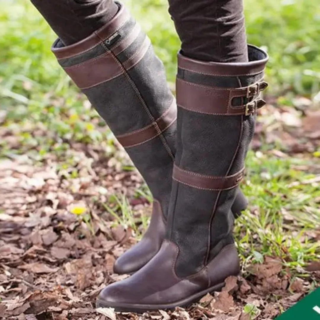 Bottes pour femmes à hauteur du genou, à double boucle et à talon bas