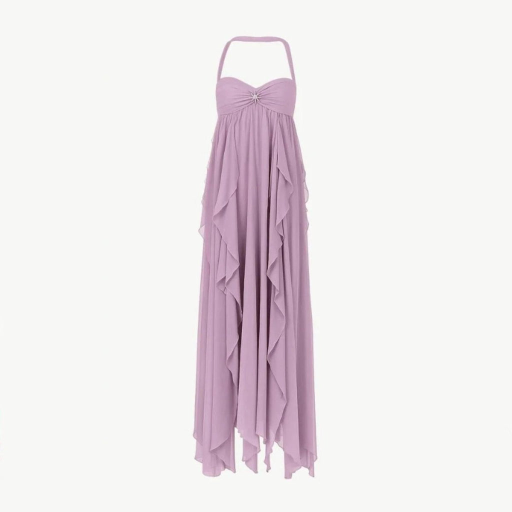 Damen Maxikleid mit Neckholder, Rüschenschichten und fließendem Chiffon-Design