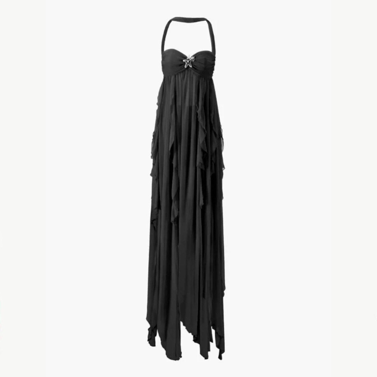 Women's Halter Maxi Dress with Ruffle Layers and Flowing Chiffon Design