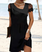 Women's Lace Sleeve Shift Dress with Asymmetric Overlay for Evening Wear