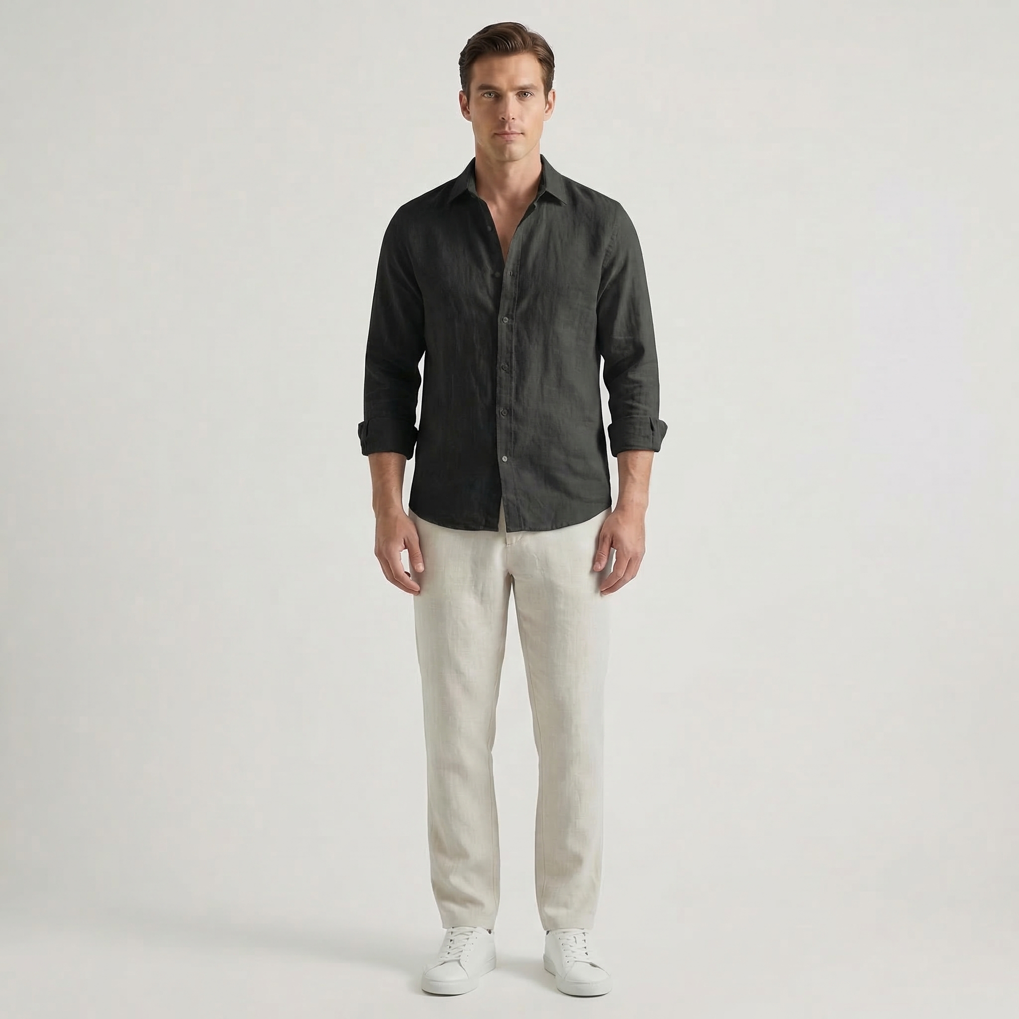 Men’s Long Sleeve Linen V-Neck Shirt