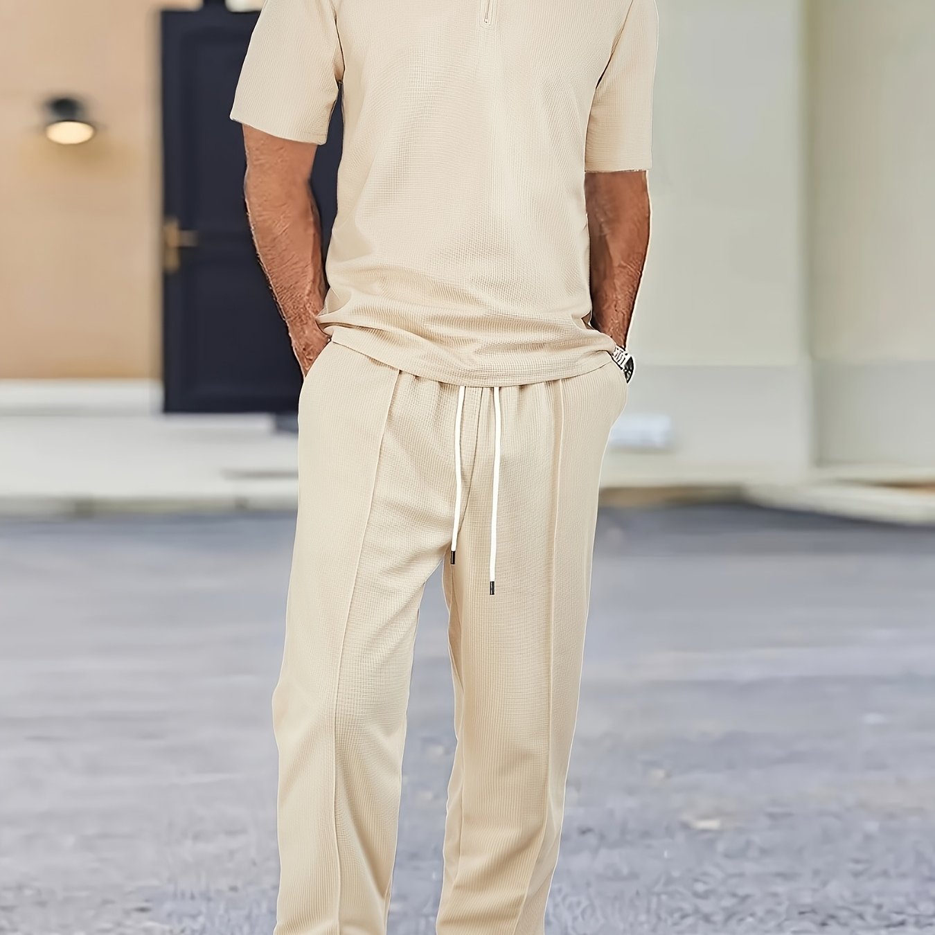 Men's Textured Half-Zip Polo & Trousers Set