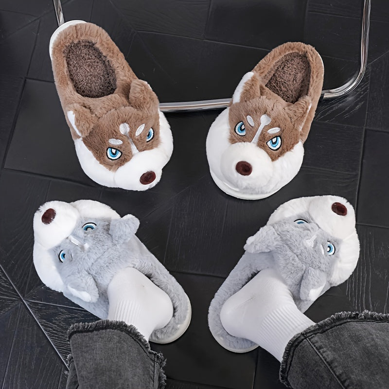 Plysj-hjemmesko til kvinder med husky-design og slip-on-model