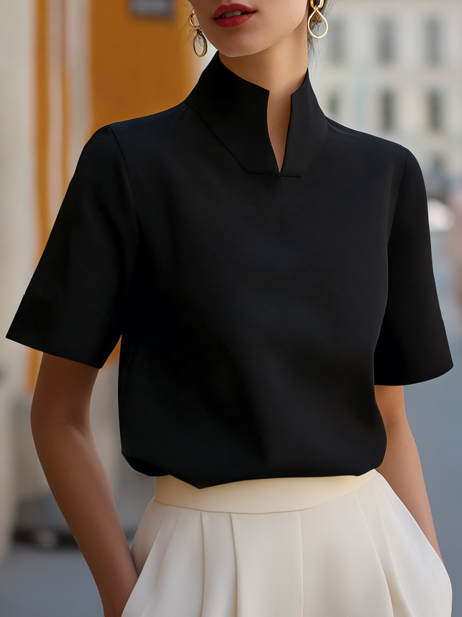 Women's Elegant High Stand Collar Short Sleeve Blouse with Minimalist Tailored Fit for Office and Smart Casual Wear