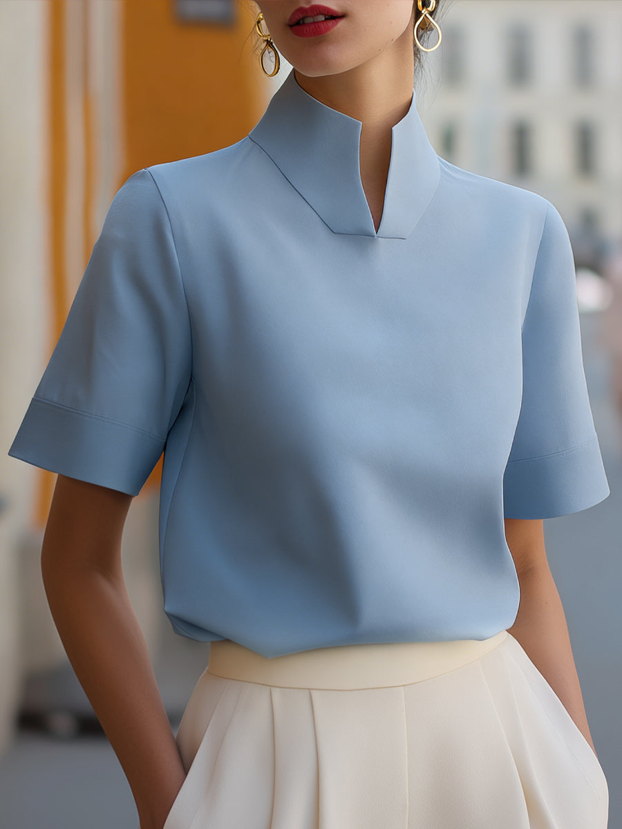 Women's Elegant High Stand Collar Short Sleeve Blouse with Minimalist Tailored Fit for Office and Smart Casual Wear