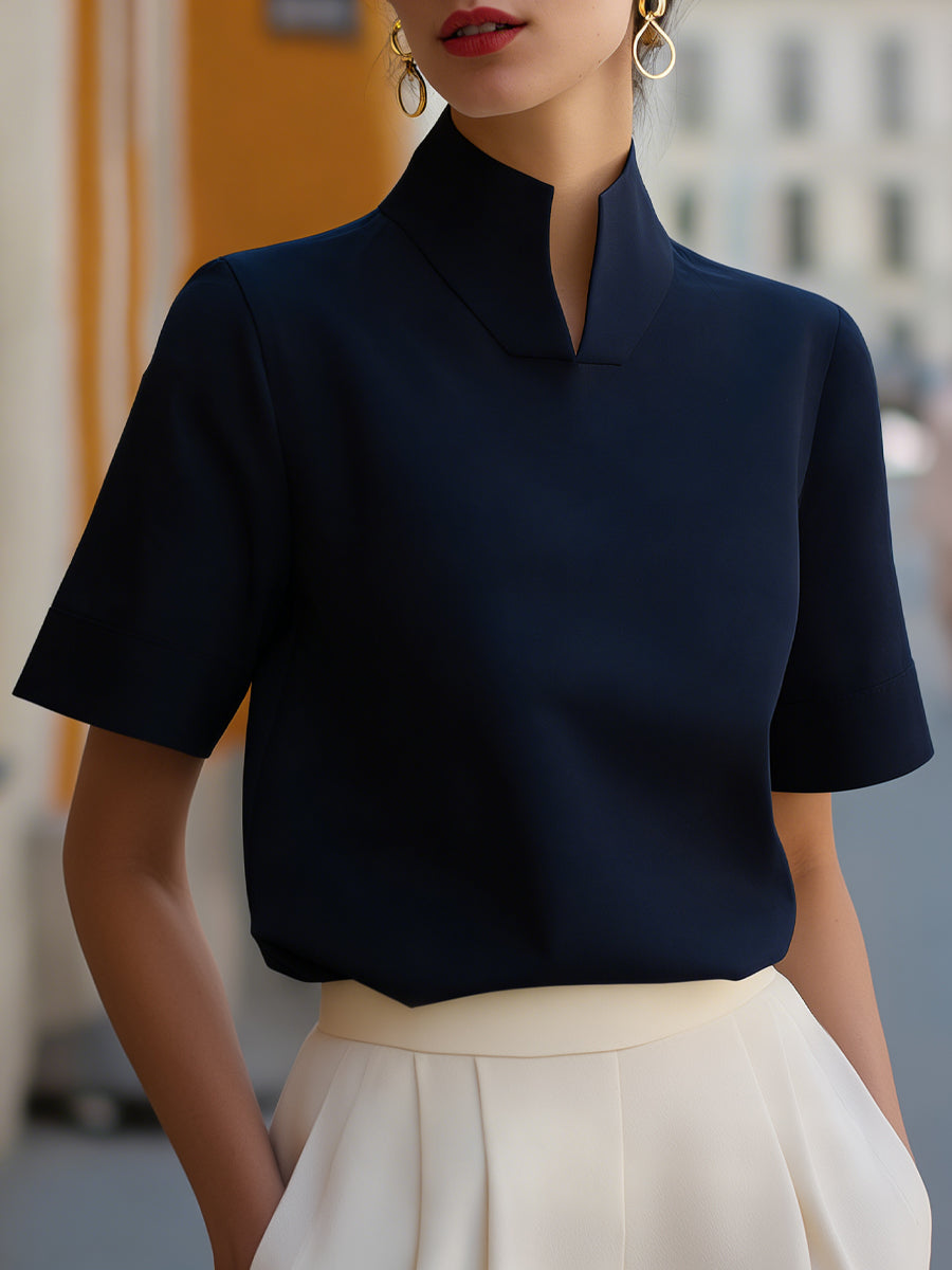 Women's Elegant High Stand Collar Short Sleeve Blouse with Minimalist Tailored Fit for Office and Smart Casual Wear