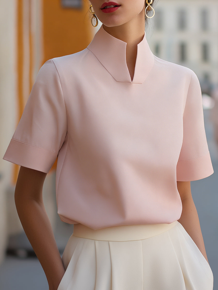 Women's Elegant High Stand Collar Short Sleeve Blouse with Minimalist Tailored Fit for Office and Smart Casual Wear