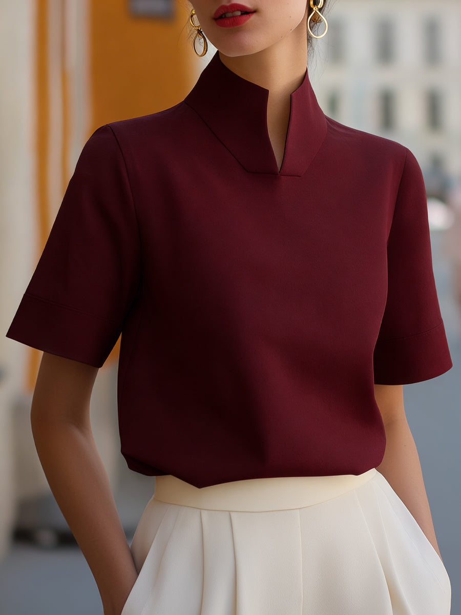 Women's Elegant High Stand Collar Short Sleeve Blouse with Minimalist Tailored Fit for Office and Smart Casual Wear