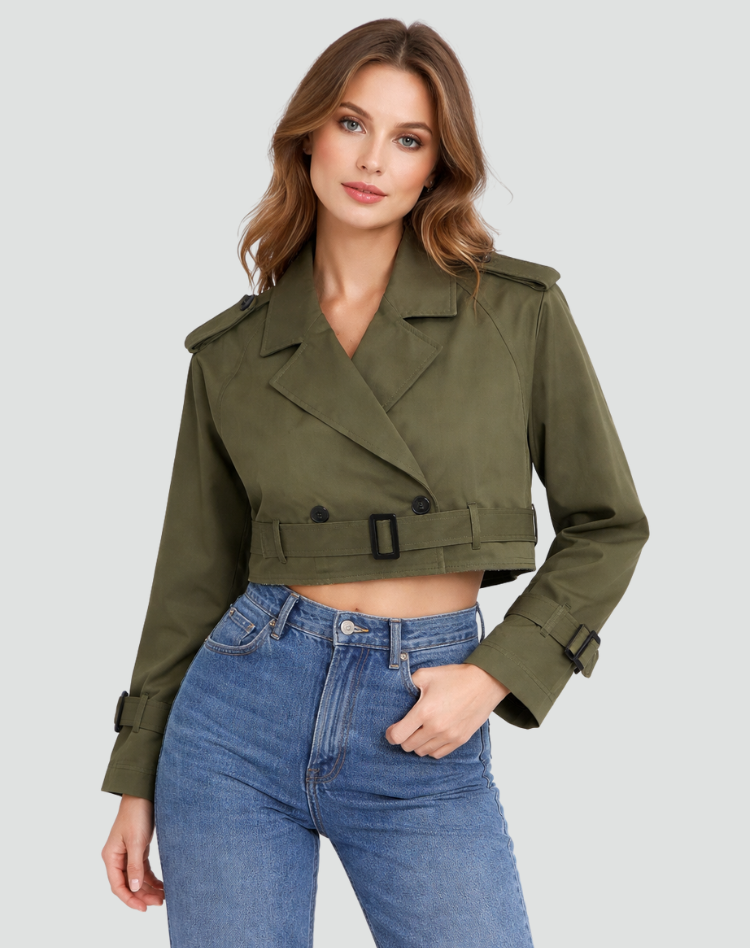 Women's Cropped Trench Jacket with Belted Waist and Tailored Fit