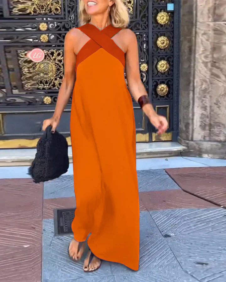 Women's Colorblock Halter Maxi Dress with Cross-Neck Detail