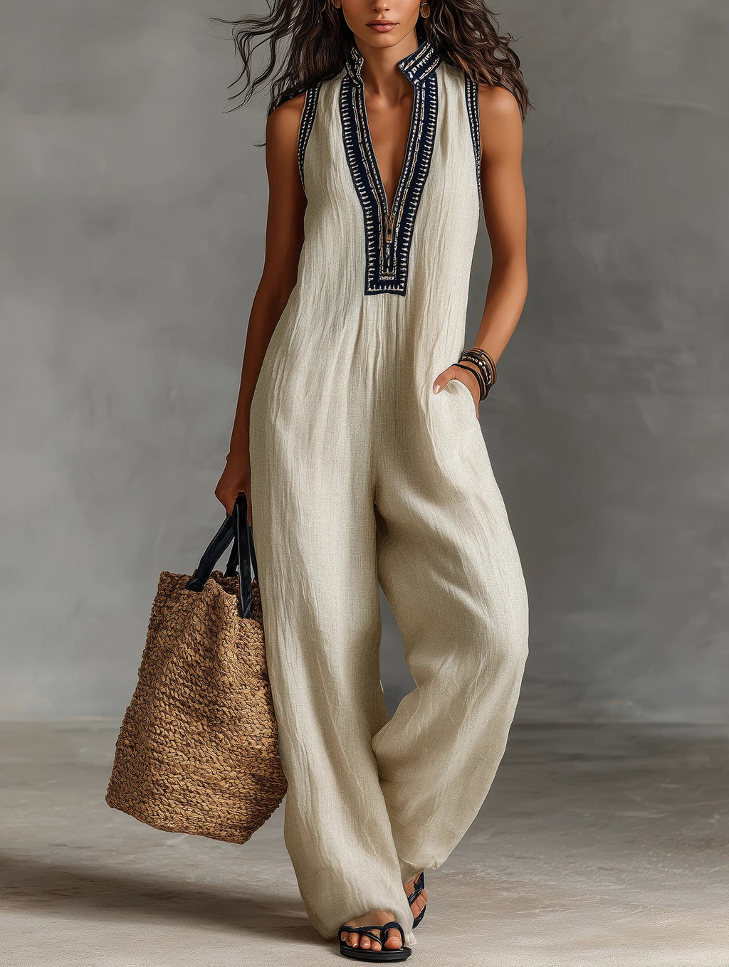 Damen entspannter Jumpsuit mit besticktem Ausschnitt und ärmellosem Design