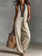 Damen entspannter Jumpsuit mit besticktem Ausschnitt und ärmellosem Design