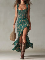 Damen Boho-Blumen-Maxikleid mit Rüschen-Trägern und hohem Seitenschlitz