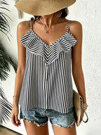 Women's Striped Ruffle Trim Button Front Cami Top