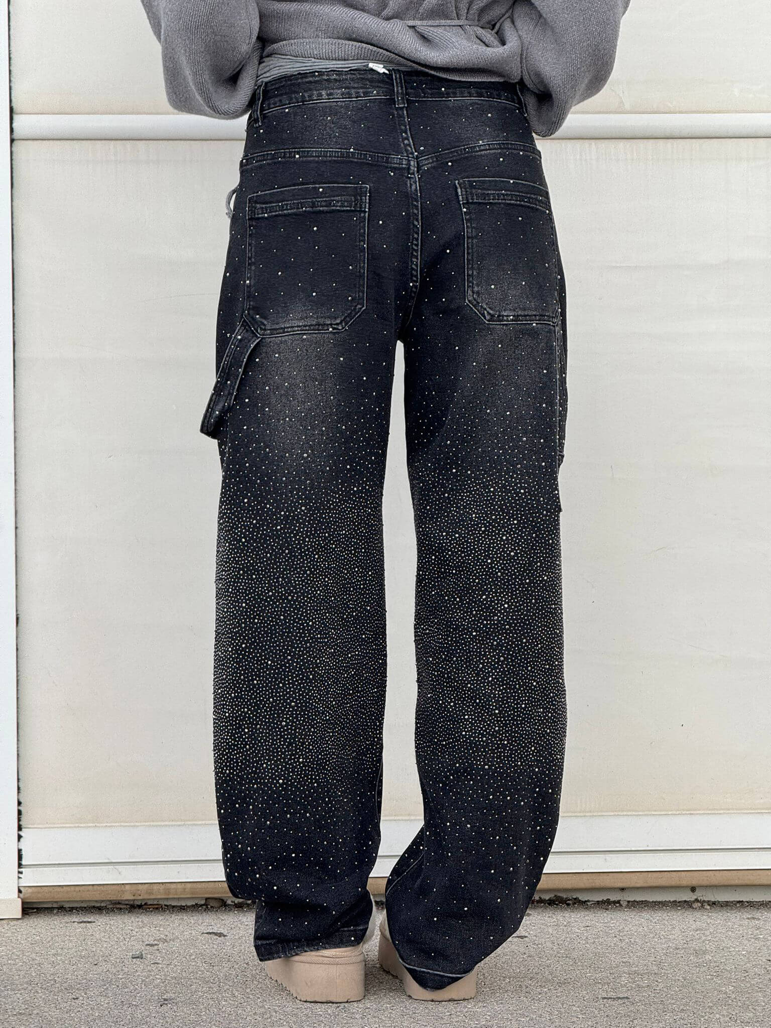 Damen-Jeans mit hohem Bund, geradem Bein und funkelnden Strasssteinen, komplett verziert