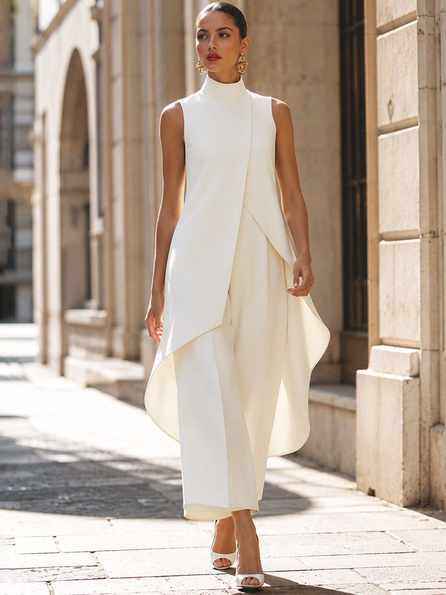 Women's Sleeveless High Neck Layered Wide Leg Jumpsuit