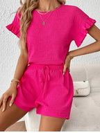 Women's Textured Ruffle Sleeve Top and Drawstring Shorts Set