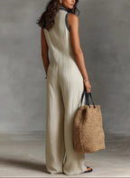 Damen entspannter Jumpsuit mit besticktem Ausschnitt und ärmellosem Design