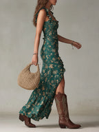 Damen Boho-Blumen-Maxikleid mit Rüschen-Trägern und hohem Seitenschlitz
