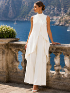 Women's Sleeveless High Neck Layered Wide Leg Jumpsuit