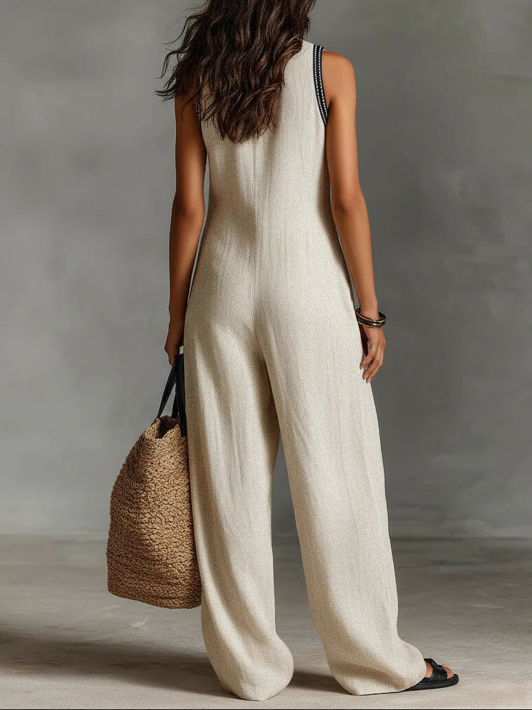 Damen entspannter Jumpsuit mit besticktem Ausschnitt und ärmellosem Design