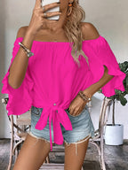 Women's Off-Shoulder Tie Front Ruffle Sleeve Blouse