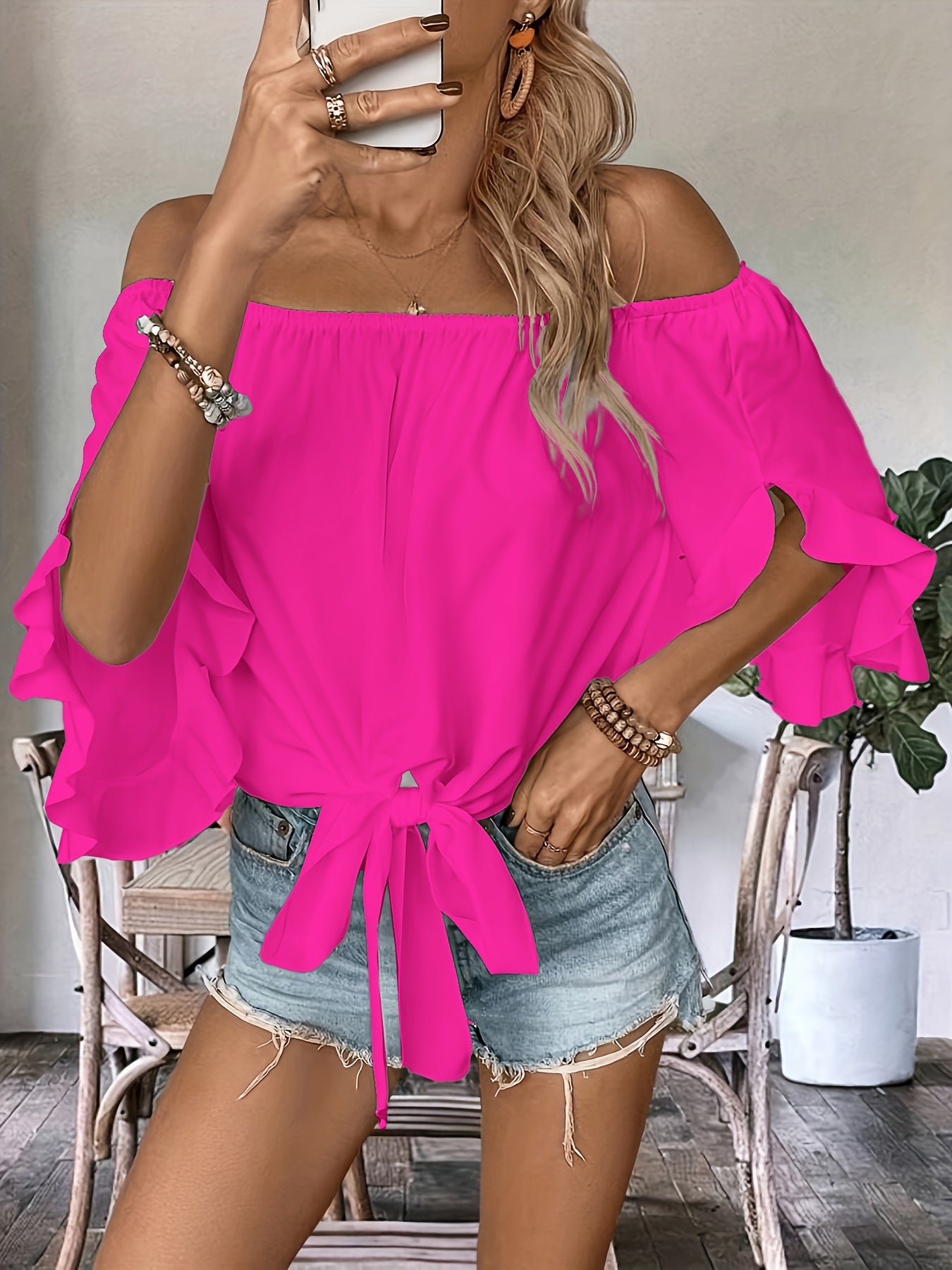Women's Off-Shoulder Tie Front Ruffle Sleeve Blouse