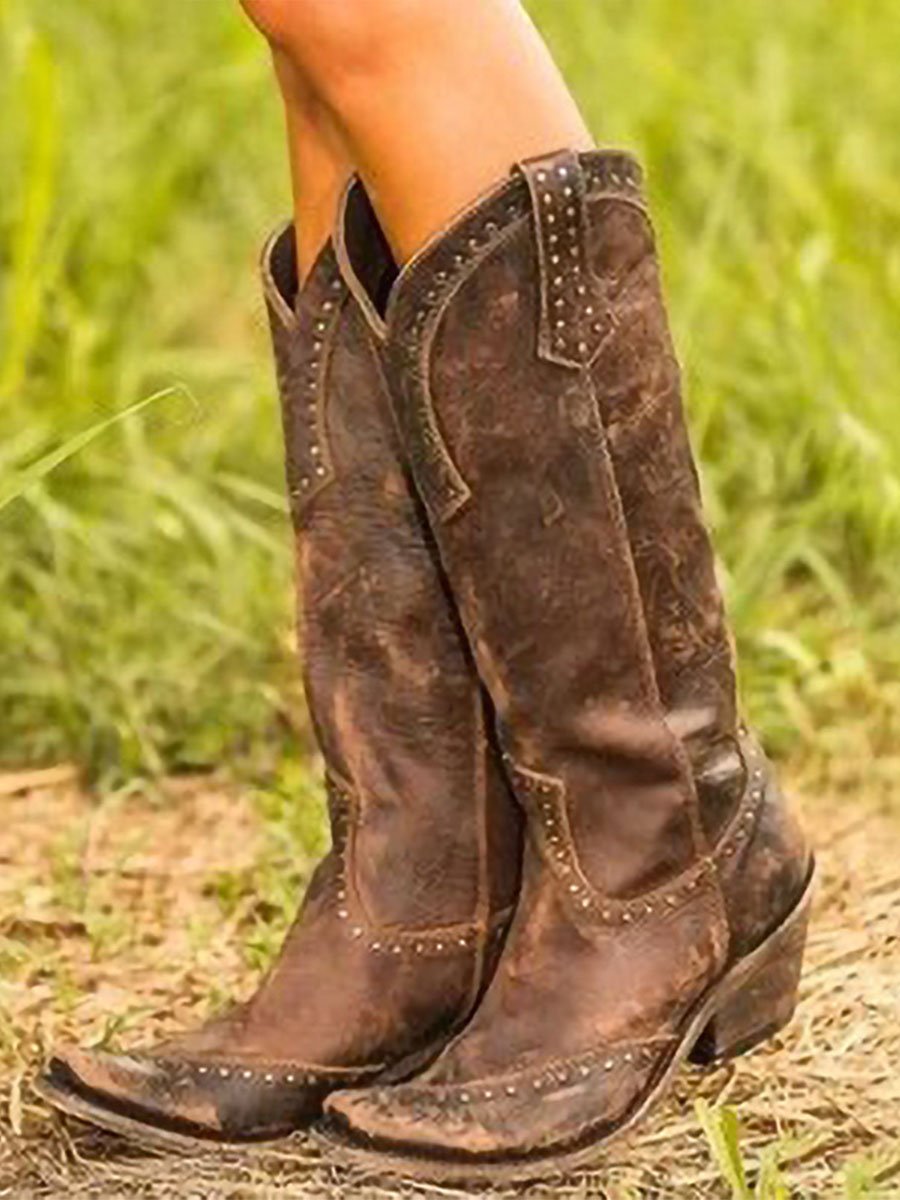 Damen Vintage Cowboy-Stiefel mit Nieten-Details und Used-Look