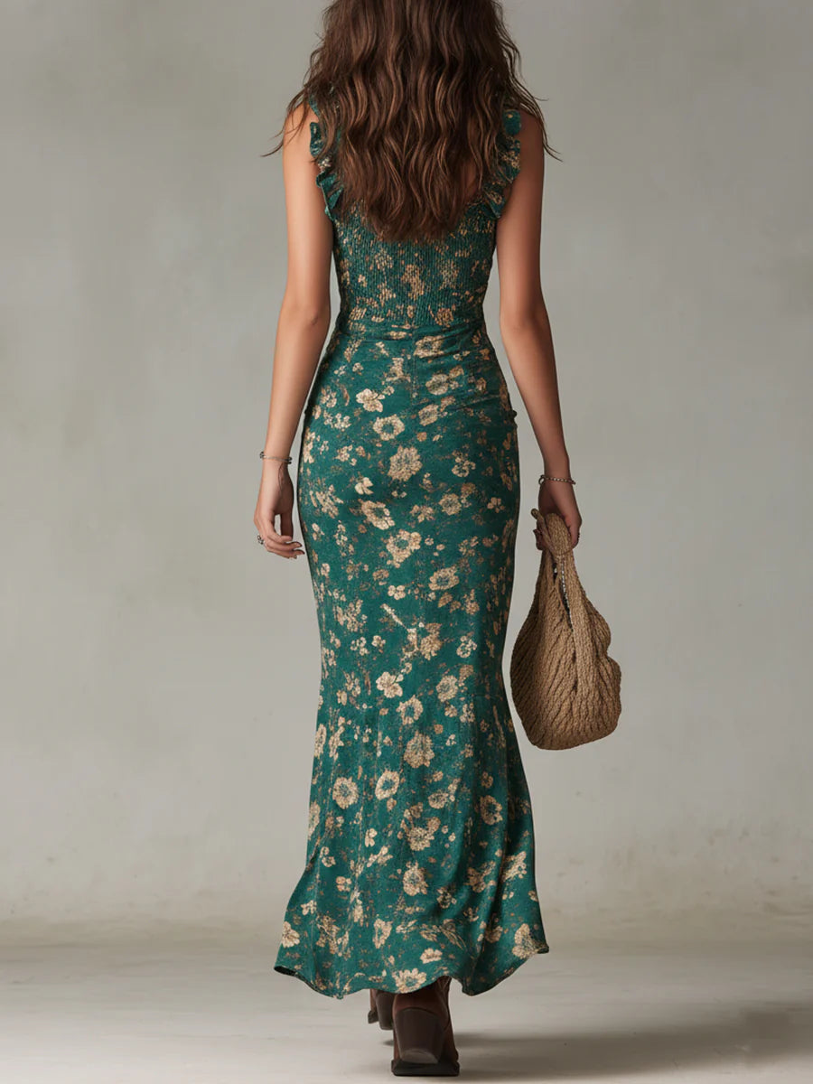 Damen Boho-Blumen-Maxikleid mit Rüschen-Trägern und hohem Seitenschlitz