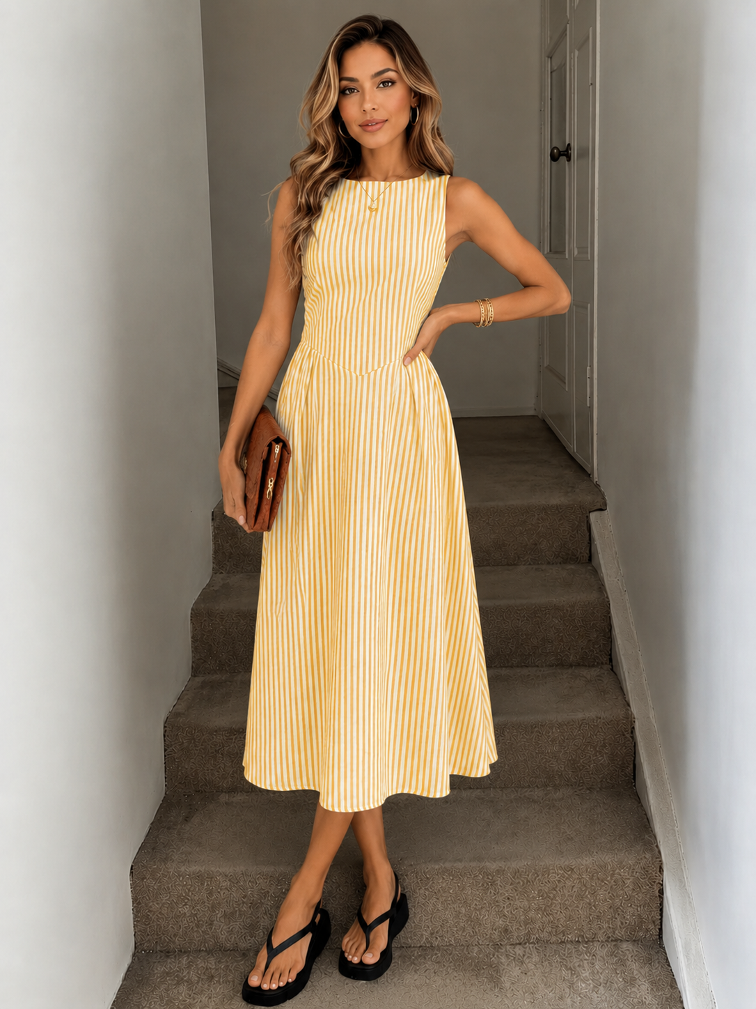 Women's Sleeveless Striped Fit and Flare Midi Dress