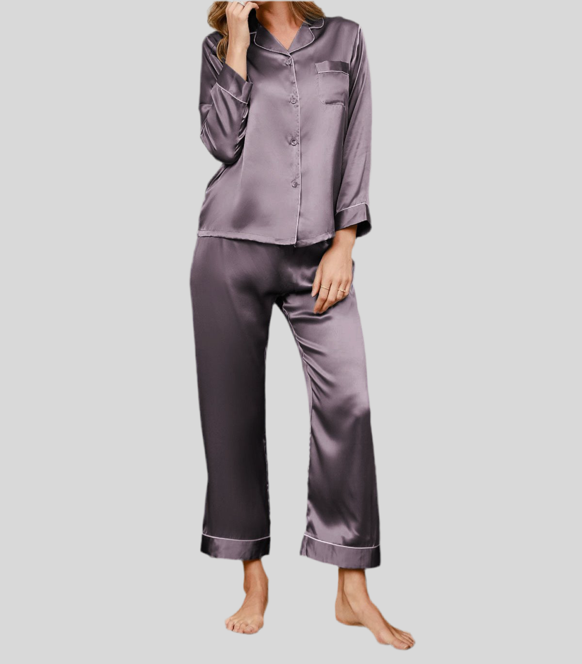 Damen Seiden-Pyjama-Set mit weichem Satin-Finish für luxuriösen Schlafkomfort