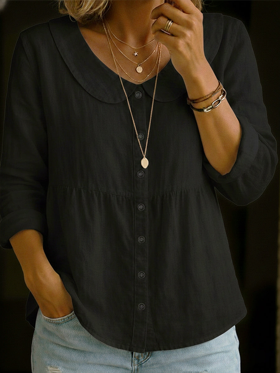 Women's Cotton Linen Blouse with Rounded Collar and Button-Front Design