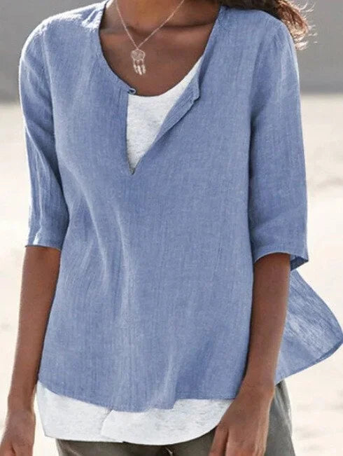 Blouse décontractée pour femme à manches trois-quarts et col en V superposé