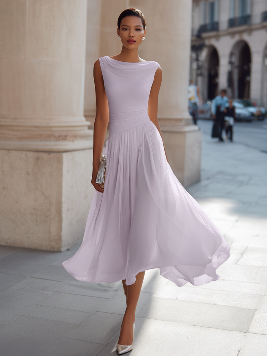 Ärmelloses Chiffon-Midikleid für Damen mit drapiertem Ausschnitt und geraffter Taille