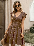 Women's Textured Midi Dress with Shirred Waist and Flutter Sleeves