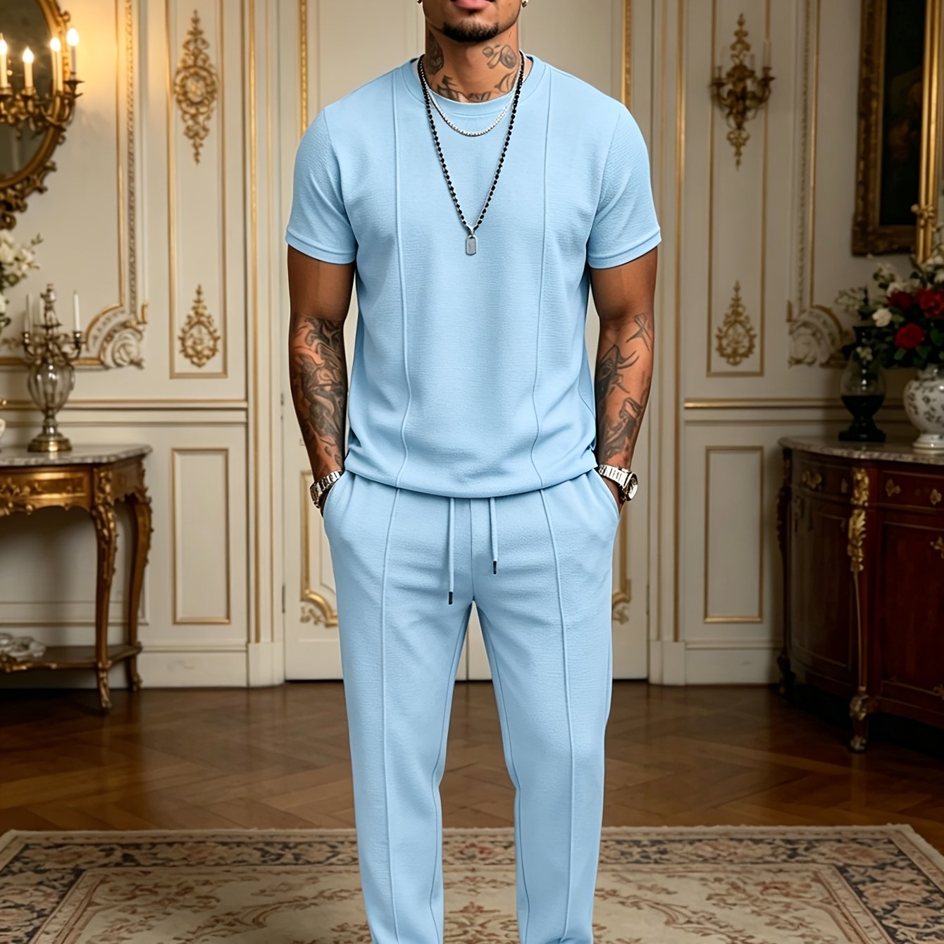 Men's Textured Relaxed T-Shirt & Trousers Set