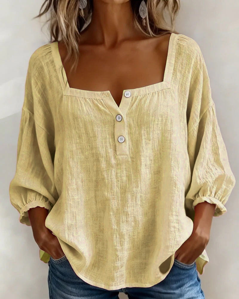 Women's Cotton Linen Blouse with Square Neck and Three-Quarter Sleeves