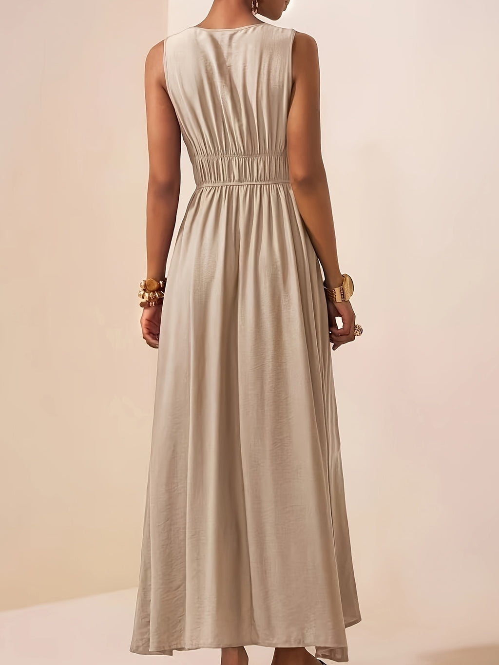 Women's Sleeveless Maxi Dress with V-Neck and Beaded Strap Details