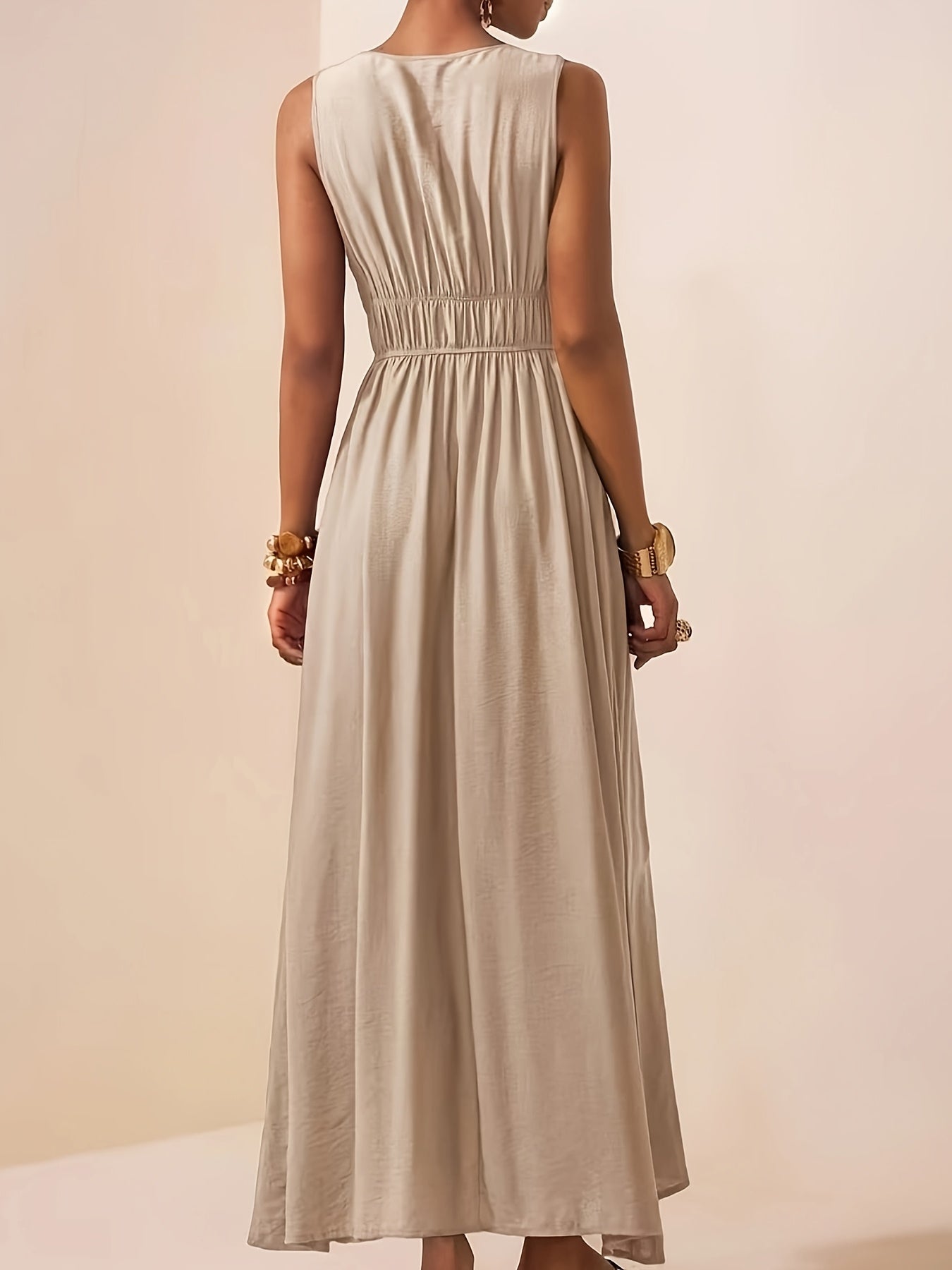 Women's Sleeveless Maxi Dress with V-Neck and Beaded Strap Details