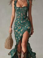 Damen Boho-Blumen-Maxikleid mit Rüschen-Trägern und hohem Seitenschlitz