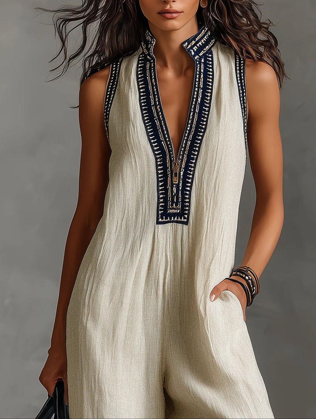 Damen entspannter Jumpsuit mit besticktem Ausschnitt und ärmellosem Design