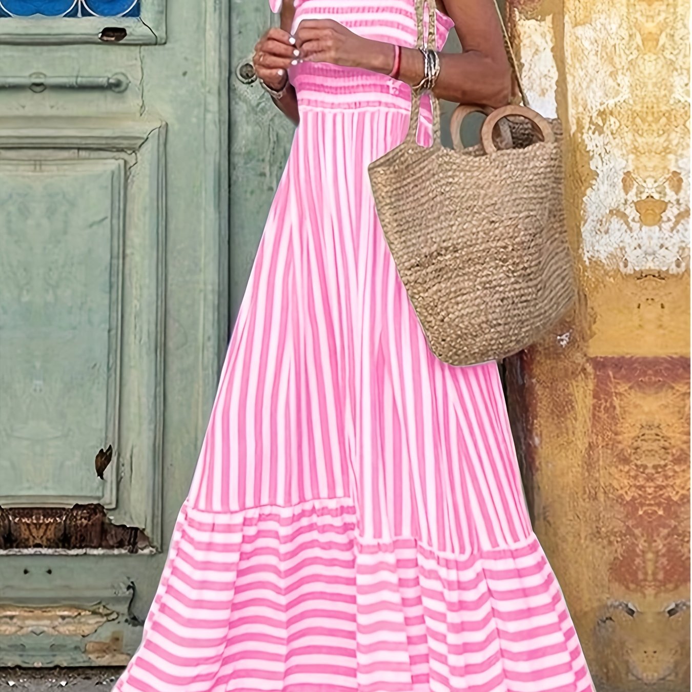 Women's Striped Smocked Tie-Shoulder Maxi Dress