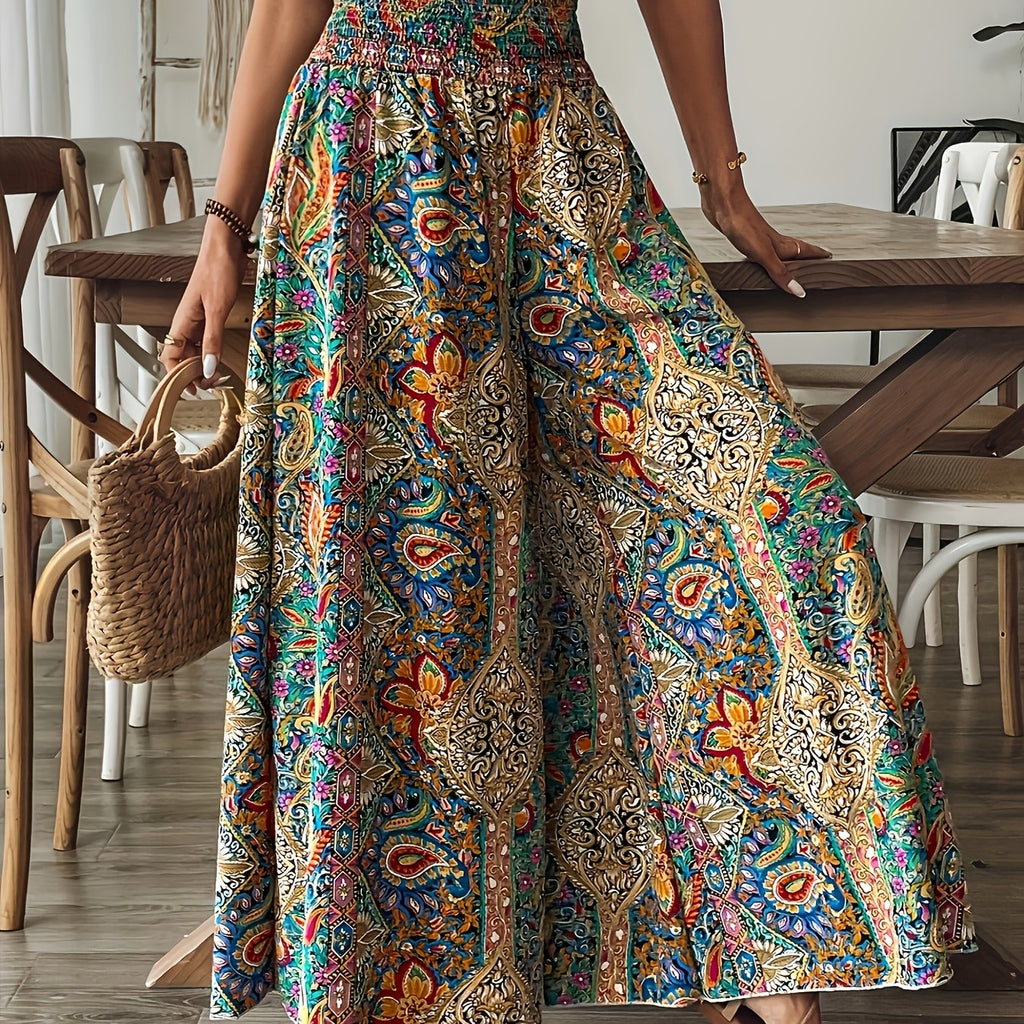 Pantalones de pierna ancha estampados de estilo bohemio para mujer