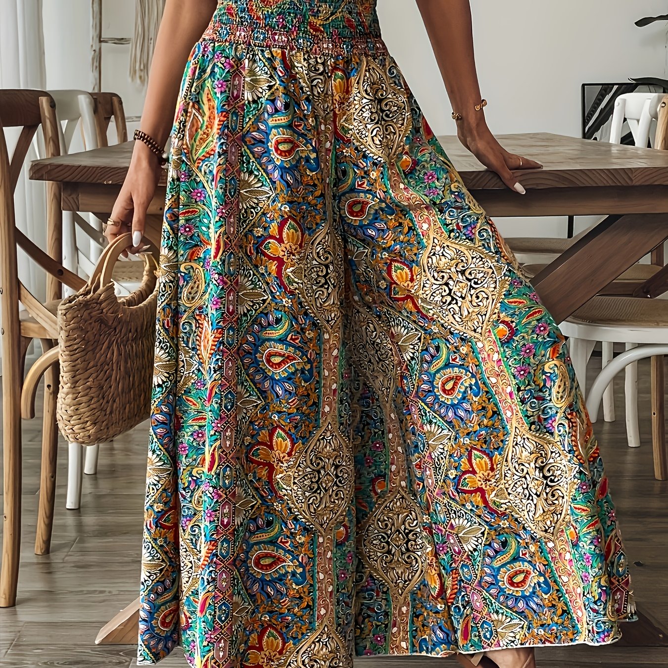 Pantalones de pierna ancha estampados de estilo bohemio para mujer