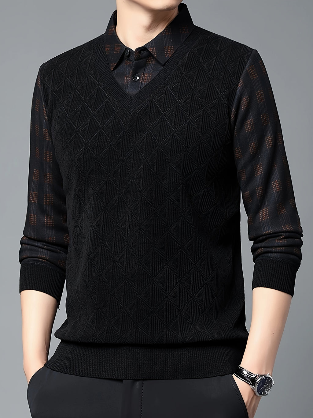 Men’s Layered Look V-Neck Knit Sweater
