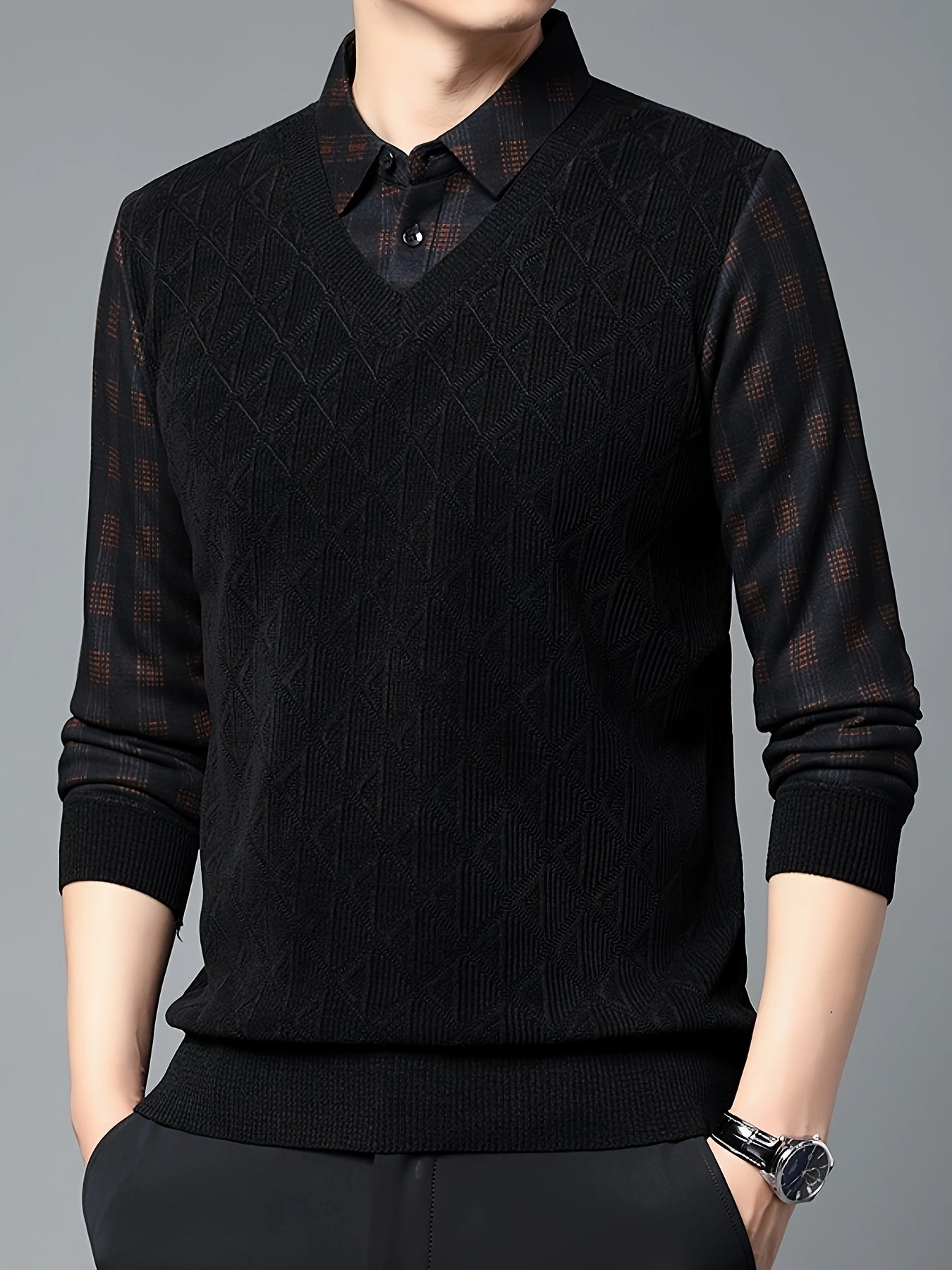 Men’s Layered Look V-Neck Knit Sweater